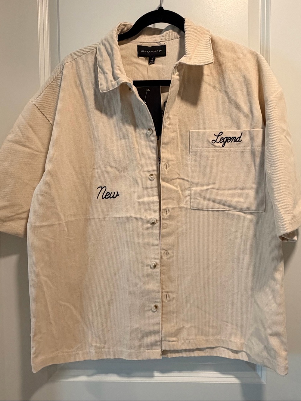 Cream Corduroy Button-Down Shirt with 'New' & 'Legend' Embroidery Size S